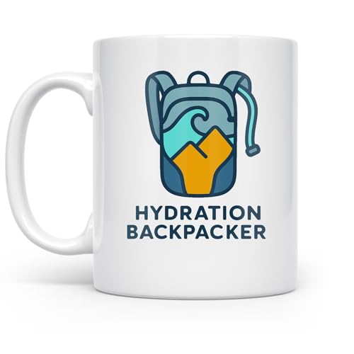 Trail-Ready Hydration Backpacker - Hiker - 11 oz White Ceramic Coffee Mug - Neon Trail Blueprint Design