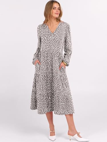 ANRABESS Women's Long Lantern Sleeve Floral Midi Dresses 2026 Spring V Neck Casual Flowy A-line Tiered Boho Vacation Dress