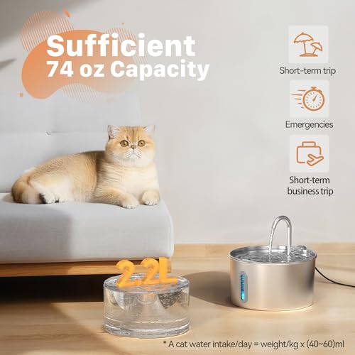 Cat Water Fountain Stainless Steel: 2.2 L Cat Fountain for Drinking - Automatic Pet Water Fountain for Cats Inside - Metal...