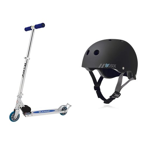 Razor AW Kick Scooter Blue FFP Steel/Blue Bundle with 80Six Dual Certified Kids Bike Scooter & Skateboard Helmet Black Matte Small/Medium Ages 8+
