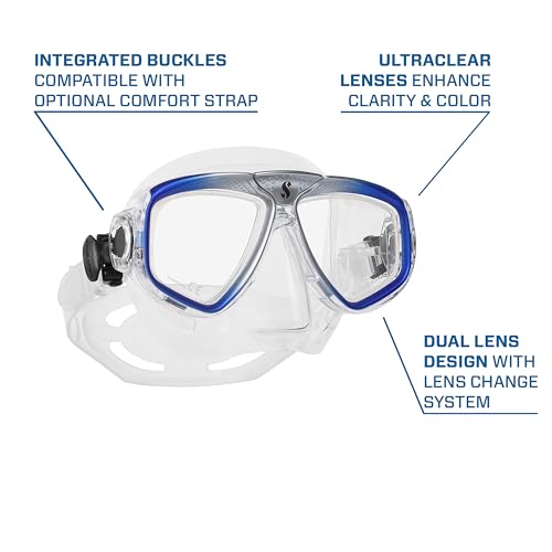 SCUBAPRO Zoom Scuba Mask with Ultra Clear Dual Lens and Lens-Change System for Optical Lenses for Diving, Clear/Blue/Silver