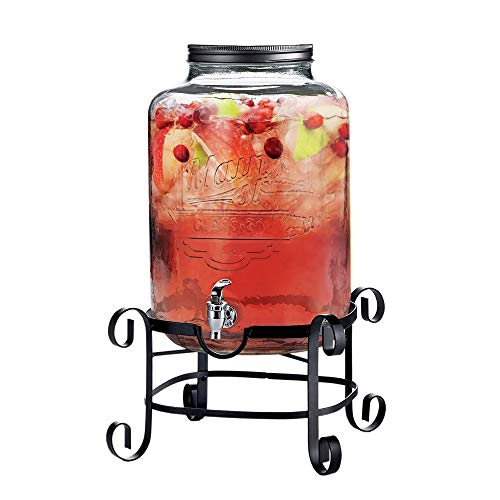 Style Setter Beverage Dispenser Cold Drink Dispenser w/ 3-Gallon Capacity Glass Jug, Metal Stand & Leak-Proof Acrylic Spig...
