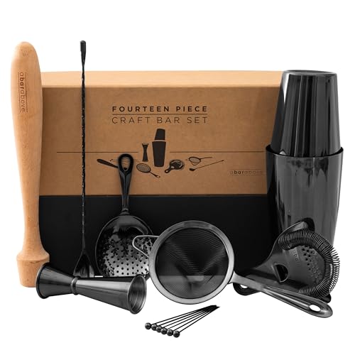 A Bar Above 14-Piece Matte Black Bartender Kit, Modern Bar Tool Set for Home Mixologists and Pros, Includes Black Stainles...
