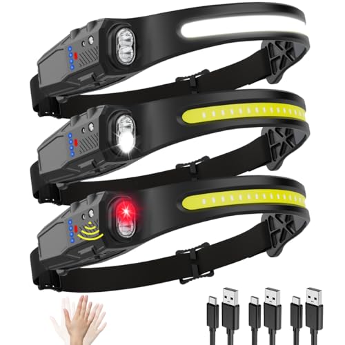 Headlamp Rechargeable 3Pack, 230° Wide Beam LED Headlamp, 7Mode Headlamps for Adults, Head Lamp with Motion Sensor, Red Li...