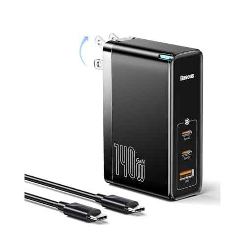 Baseus 140W USB C Wall Charger PD 3.1 with 3.3ft USB C to C Cable, 3-Port GaN5 Charger for Laptops, iPad Pro, iPhone 15/Pro/14/13 Series, Galaxy S23/S22, MacBook Pro 16'', Steam Deck, Black