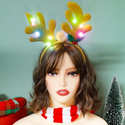 HOVACY Christmas Light Up Headband, Reindeer Antler Santa Hat Christmas Tree Hat Bow HairHoop Xmas Party Favors Decorations
