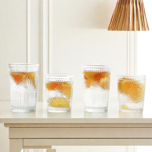 Loivttvv 12pcs Vintage Drinking Glasses Set, 12 oz Highball Glasses & 9 oz Embossed Ribbed Glassware Cups for Cocktail, Wa...