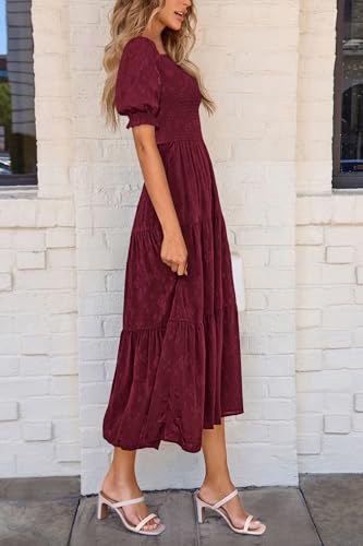 PRETTYGARDEN Women's 2026 Summer Casual Midi Dresses Square Neck Short Sleeve Smocked A Line Floral Flowy Elegant Boho Dress