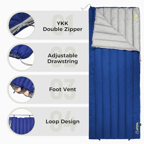 ATEPA Down Sleeping Bag, 650FP Ultralight 55°F 60°F 3 Season Warm Weather 15D Nylon Shell and Compact Packable Sleeping Ba...
