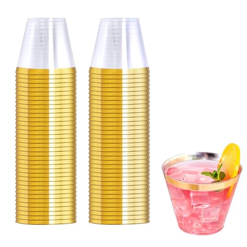 WELLIFE 120 PCS Gold Plastic Cups,9 oz Clear Plastic Cups,Disposable Wine Glasses for Party