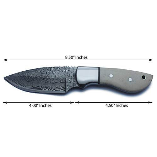 WolfKlinge Handmade Damascus Steel Fixed Blade Knife with Full Tang Bone Handle and Premium Buffalo Hide Leather Sheath fo...