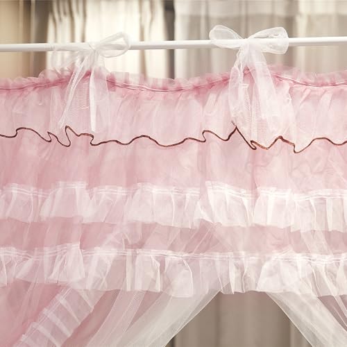 NXGIO Bed Canopy Curtain Double Layer 4 Corners Post Lace Up Ruffle Princess Drape Netting 4 Opening Mosquito Net for Girl...