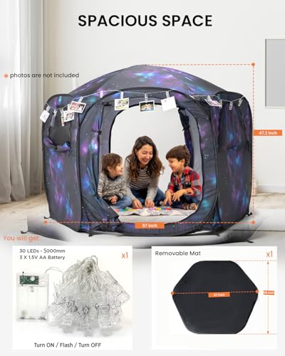 Kids Pop Up Play Tent with Fairy Lights, Hexagonal House with Removable Mat, Indoor Playhouse for Children, Galaxy Theme G...