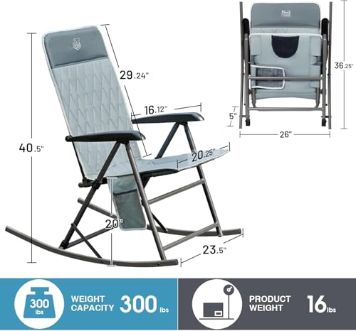 Timber Ridge 3-Level Adjustable Rocking Camping Chair, Padded High Back Outdoor Rocking Chair with Side Pocket, Portable F...