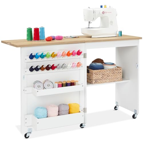 Best Choice Products Folding Sewing Table Multipurpose Craft Station & Side Desk with Compact Design, Wheels, Shelves, Sto...