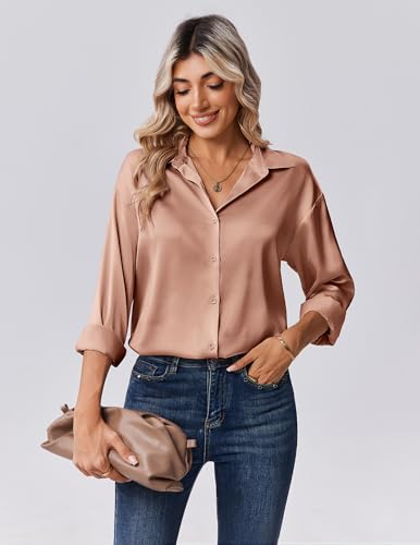 Zeagoo Womens Tops Long Sleeve Satin Silk Button Down Shirts Casual Business Dressy Blouses Fall Clothes