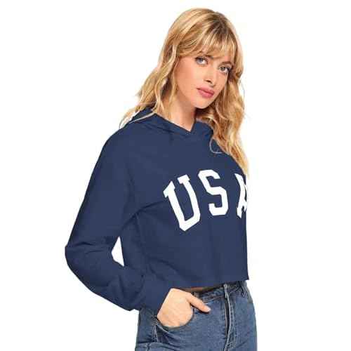 SweatyRocks Women's American Flag Long Sleeve Hoodies Letter Graphic Crop Top Hooded Sweatshirts