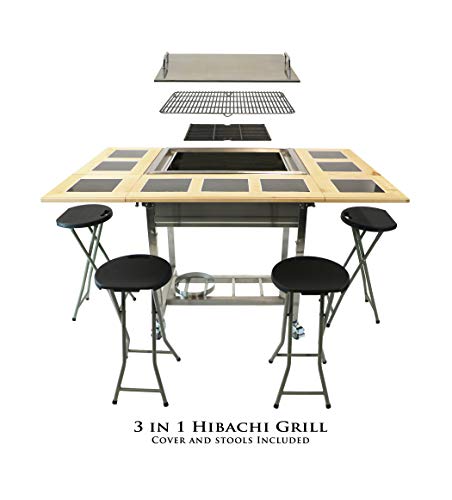 My Hibachi BBQ 3-in-1 Sit Around Grill with Flat Top Teppanyaki Griddle, BBQ Rack and Cast Iron Grill - Propane Gas and St...