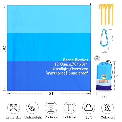 BYDOLL Beach Blanket Waterproof Sandproof 78''×81'' 1-5 Adults Oversized Lightweight Large Picnic Mat Waterproof Sandproof...