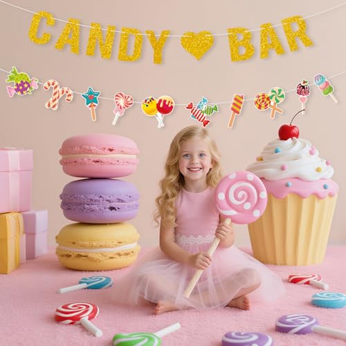 Candyland Party Decorations,2Pcs Pre-Strung Glitter Gold Candy Bar Banner,Lollipop Garland Banner for Sweet Candy Themed B...