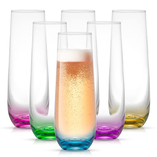 JoyJolt Hue Stemless Champagne Flutes Set of 6 Colored Glasses, 9.5oz Cocktail Glass Set for Mimosa, Stemless Champagne Gl...