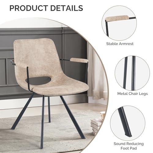 Aivermeil Beige Leather Dining Chairs Set of 2, Mid-Century Modern Dining Room Chair with Soft Cushions, Kitchen Chairs with Metal Legs for Kitchen, Living Room