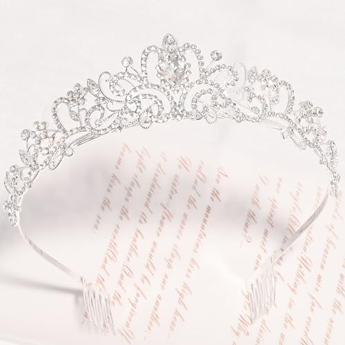 TAROSE Crowns for Women, Queen Crystal Gold Silver Tiaras with White Rhinestone and Combs, Goddess Crown for Wedding Bride...