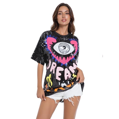 Sequins T-Shirts Glitter Dress O Neck Printed Mini Dress Loose Casual Nightclub Party Tops for Women