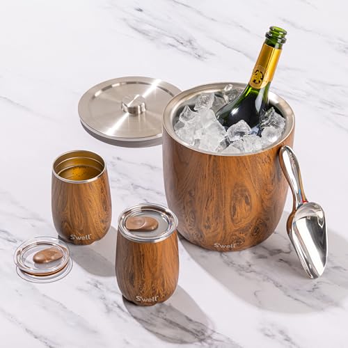 S'well Stainless Steel Ice Bucket XL, 100oz, Teakwood, Includes Lid And Scoop, Triple Layered Vacuum Insulated Container K...