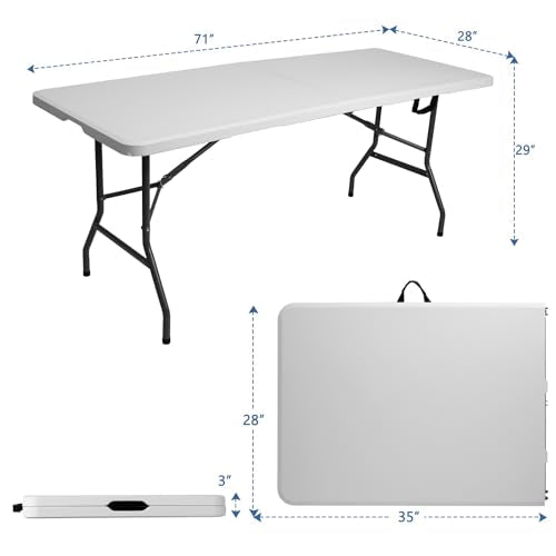 USEFULTEK 6 ft Foldable Plastic Table for Display, Camping, Party, Dining, Barbecue, Picnic with Carrying Handle - White