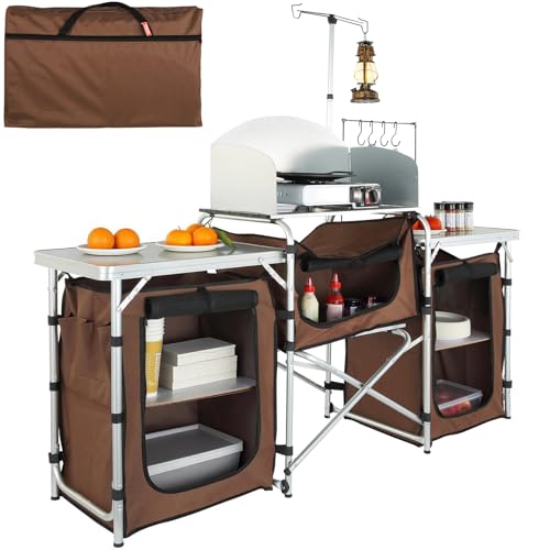 VEVOR Camping Kitchen Table, Folding Outdoor Cooking Table with Storage Carrying Bag, Aluminum Cook Station 3 Cupboard & D...