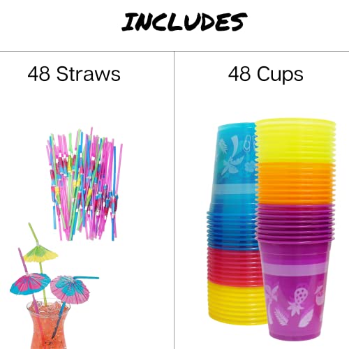 4E's Novelty 48 Packs Tropical Party Cups with Parasol Straws - Disposable Plastic Cups 16oz BPA free, for Hawaiian Luau P...