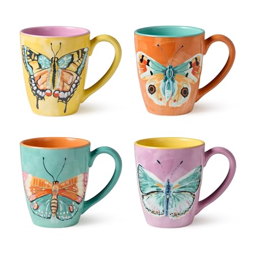 Butterflies Set of 4 Hand-Painted Ceramic Mugs – 16oz Coffee and Tea Cups with Bright Butterfly Designs in Yellow, Pink, O...