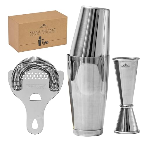 A Bar Above Cocktail Shaker Set, 4-Piece Professional Bartender Kit with Boston Shaker, Strainer and Jigger, Stainless Ste...