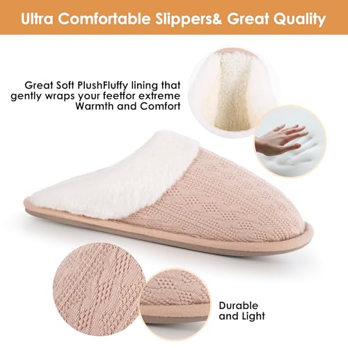 LOKIMSI Women's Cozy Knit Slippers with Faux Fur Lining Memory Foam - Non-Slip Rubber Sole Indoor/Outdoor Winter House Sho...