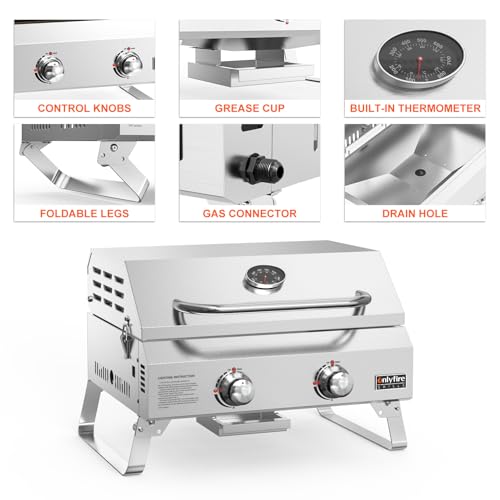 Onlyfire Tabletop Gas Grill 2 Burners and Grill Cover Bundle, 20" Stainless Steel Portable Propane Grill with Foldable Leg...