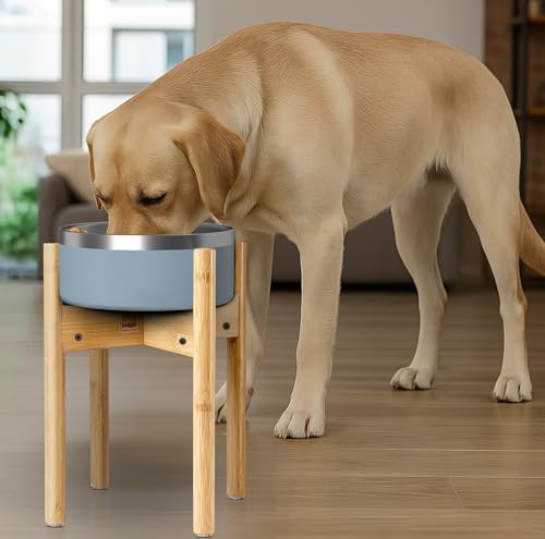 Dog Bowl Stand for Large Breed - 14-inch High, Adjustable Sideways to Fit Various Sizes of Pet Food/Water Bowls, Slow Feed...