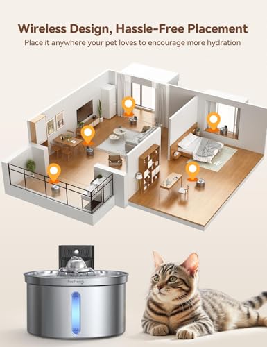 FEELNEEDY Wireless Cat Water Fountain - Safe Water-Electricity Separation, 3.5L Stainless Steel, 4000mAh Battery, XL Filte...