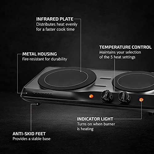 OVENTE Countertop Infrared Double Burner, 1700W Electric Hot Plate and Portable Stove with 7.75" and 6.75" Ceramic Glass C...