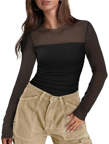 XIEERDUO Women's Sexy Sheer Long Sleeve Tops Crew Neck Mesh Ruched Going Out Shirts Blouse Date Night Outfits