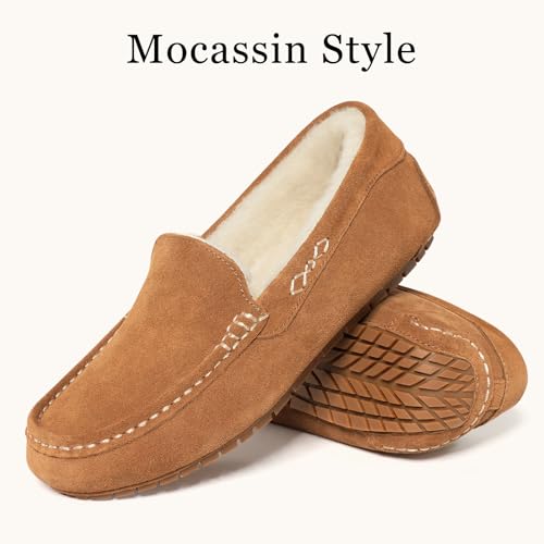 KIDMI Women's Genuine Suede Moccasin Slippers Fluffy Cozy House Shoes with Soft Sole Indoor/Outdoor