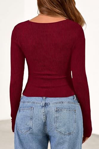 PRETTYGARDEN Women's Long Sleeve Cowl Neck Ribbed Knit Fall Shirts Slim Fit Ruched Going Out Crop Tops Basic T-Shirts