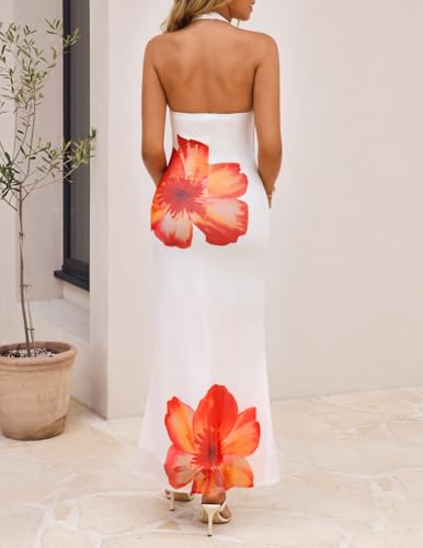 ZESICA Women's 2026 Summer Halter Neck Floral Print Maxi Dress Sleeveless Backless Wedding Guest Party Bodycon Long Dresses