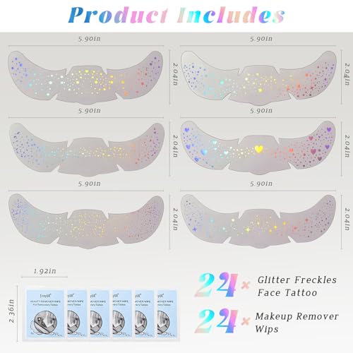 HOSAILY 24 pcs Holographic Multichrome Glitter Freckles Face Tattoo, Waterproof Sparkle Face Glitter Speckles Patches for ...