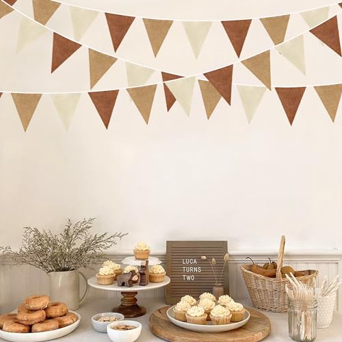 32Ft Brown Party Decorations Boho Pennant Banner Fabric Triangle Flag Linen Bunting Garland Streamers for Woodland Teddy B...