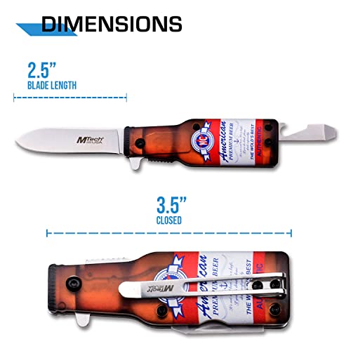 MTECH USA Folding Pocket Knife, 2.5" Blade, Beer Bottle Design, with Bottle Opener and Pocket Clip, EDC (Red)