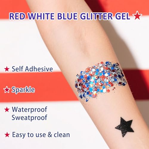 Red White and Blue Body Glitter,Patriotic Pride Hair Glitter for Kids,4th of July Accessories Outfits for Women Face Glitt...