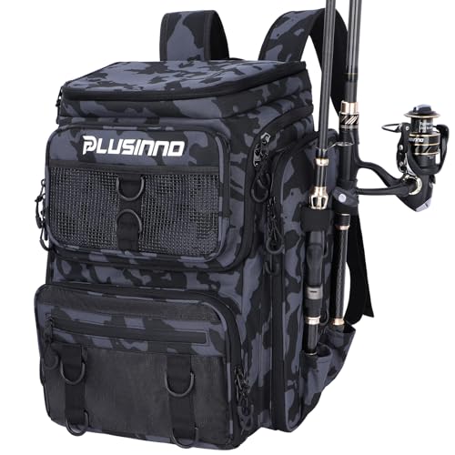PLUSINNO Fishing Backpack with Rod Holders Tackle Box, 42L Large Water-resistant Fishing Tackle Bag Store Fishing Gear