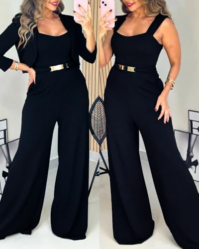CHICME Women's 2 Pieces Outfits Thick Strap Waist Metal Decor Jumpsuit with Crop Coat Matching Set Casual Fall Outfits