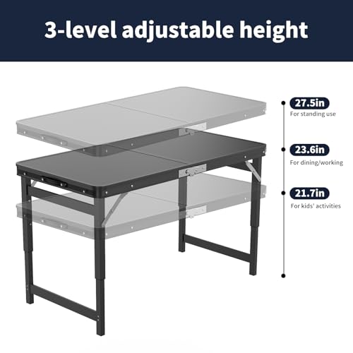 MIKEE Portable Folding Card Table with Chairs,4ft Foldable Table Adjustable Height,Aluminum Alloy Frame Folding Dining Tab...